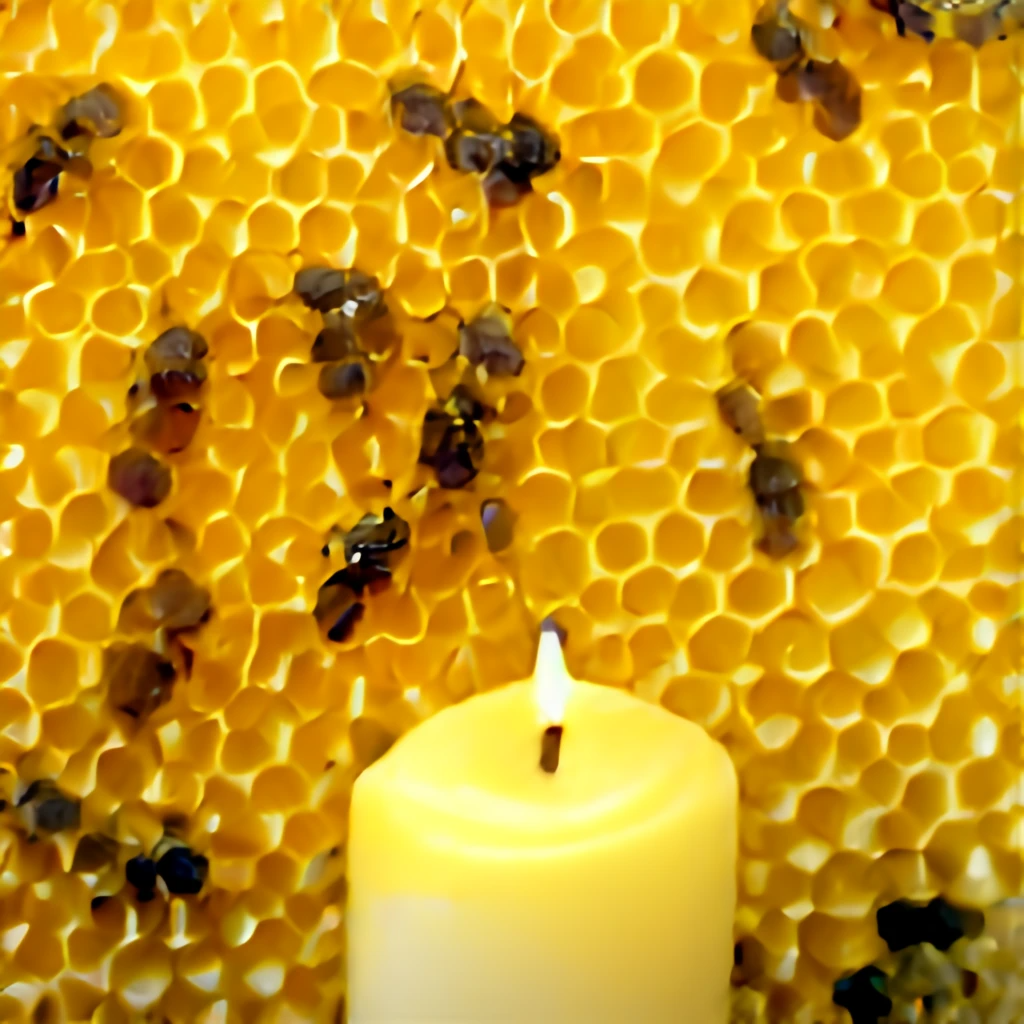 Honey bees working on beeswax and a candle 